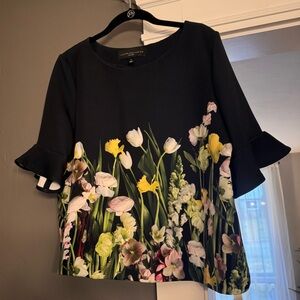 Victoria Beckham for Target Black Floral Scuba Flutter Sleeve Top Large